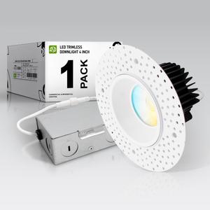 ASD 4 Inch Trimless LED Recessed Ceiling Light Fixture, Mud-in Canless Downlight with Junction Box, 5CCT Selectable 2700K-5000K, 15W 1055 Lumens, CRI90+, Anti-Glare, Dimmable, IC & Wet Rated, ETL