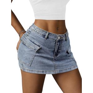YZEGGO Womens Cargo Skirt Low Waist Button Denim Mini Skirt Summer Y2k Jean Skirt with Flap Pockets (Blue, L)