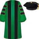 Unisex Deluxe Doctoral Graduation Gown with 8 Sides Doctorate Tam | Gold Piping Doctoral Regalia for Graduation Ceremony Emerald Green-54 (Green)