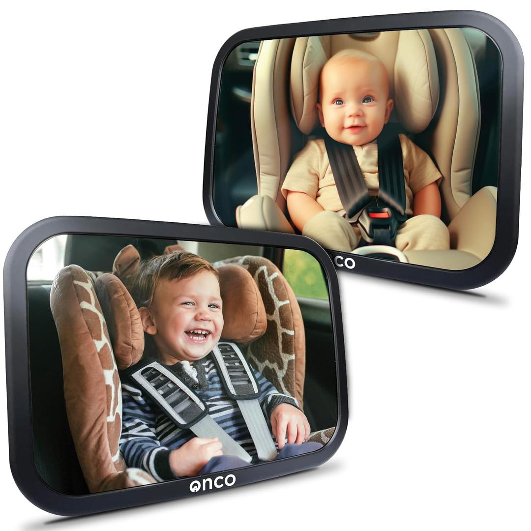 Onco Baby Car Mirror Rear Facing (2 Pack) - 100% Shatterproof & Shakeproof, Award-Winning Convex Car Mirror for Baby with 360 Rotation, Newborn Essentials (9.6 x 6.9 in)