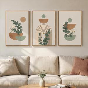 Framed Abstract Boho Wall Art for Living Room, Large Botanical Sage Green Plant Canvas Artwork for Walls, Minimalist Neutral Geometric Line Prints Paintings for Bedroom Hallway 16x24 Inch, 24" H x 16" W x 3Pcs