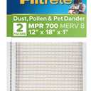 Filtrete 12x18x1 AC Furnace Air Filter, MPR 700, MERV 8, Tough on Pollen, Easy on Airflow, 3-Month Pleated 1-Inch Electrostatic Air Cleaning Filter, 2-Pack (Actual Size 11.81 x 17.81 x 0.81 in)