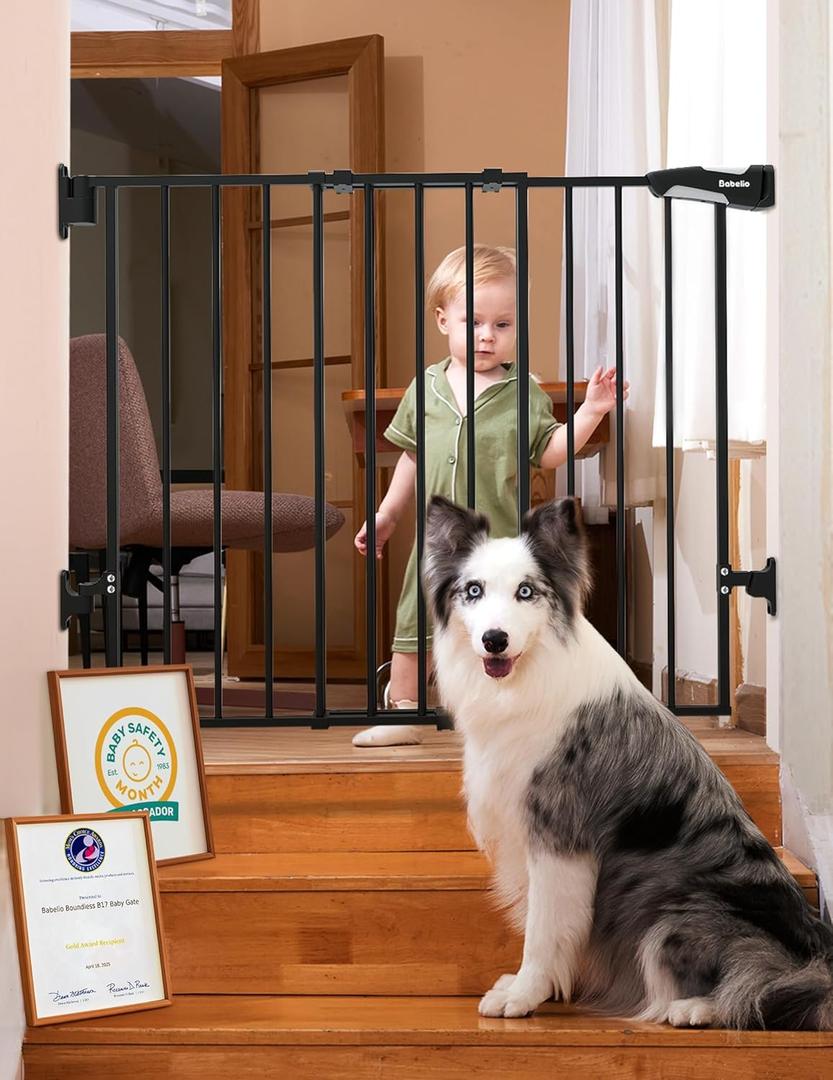 Babelio Baby Gate for Stairs, Kitchen & Doorways, No Bottom Bar| One-Handed Operation| Auto-Close| Hardware Mount (Drill Needed) Safety Dog/Pet Gate (Black - B17, 26-43" W, 28" H)