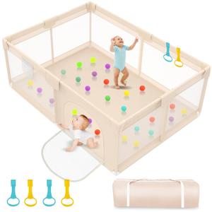 Playpen for Babies and Toddlers 71x59inch - Extra Large Baby Gate Play Pen with Soft Breathable Mesh Cover - Indoor and Outdoor Baby Play Fence - Portable Playpen for Babies (Apricot)
