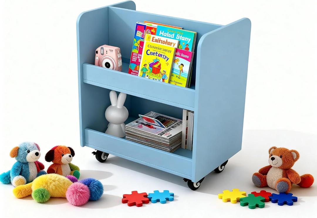 Kids Rolling 27.5''W x 17.7''D x 27.5''H Bookshelf with Wheels, 2-Tier Wooden Bookcase for Children, Open Shelf Montessori Storage Organizer, Non-Toxic Finish for Nursery Playroom Classroom