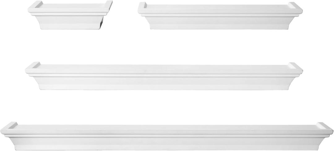MELANNCO Floating Wall Shelves Set of 4, White Wood Display Shelves for Wall, Includes 6, 12, 20 and 24 Inch Sizes with Raised Edges and Mounting Hardware for Room Decor, Home Decor