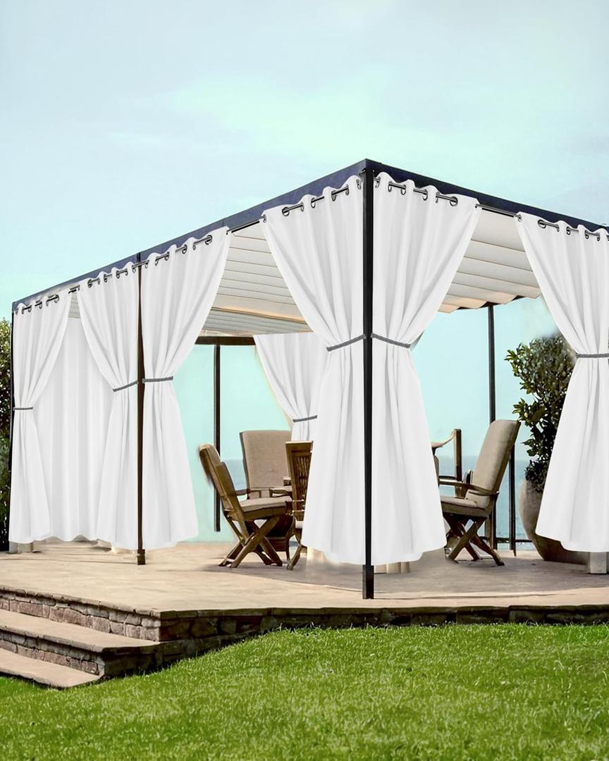 HolidayIdeas White Outdoor Curtains for Patio Waterproof 8 Pcs All Weather Balcony Grommet Top Outside Curtains for Apartments, Gazebo, Pergolas, Porch, 54x108 Inch