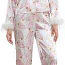 iTranyee Women Christmas 2 Piece Pajamas Set Feather Trim Long Sleeve Button Down Shirt Pants Outfits Silk Satin Lounge Set (Large, White)