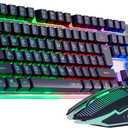 Wireless Gaming Keyboard with knob and Mouse Combo USB Dongle 2.4G Rechargeable 3000mAH Battery RGB Backlit Stainless Panel 4200DPI Side Button Mice for PC Laptop Compatible with Windows 8/9/10 MacOS