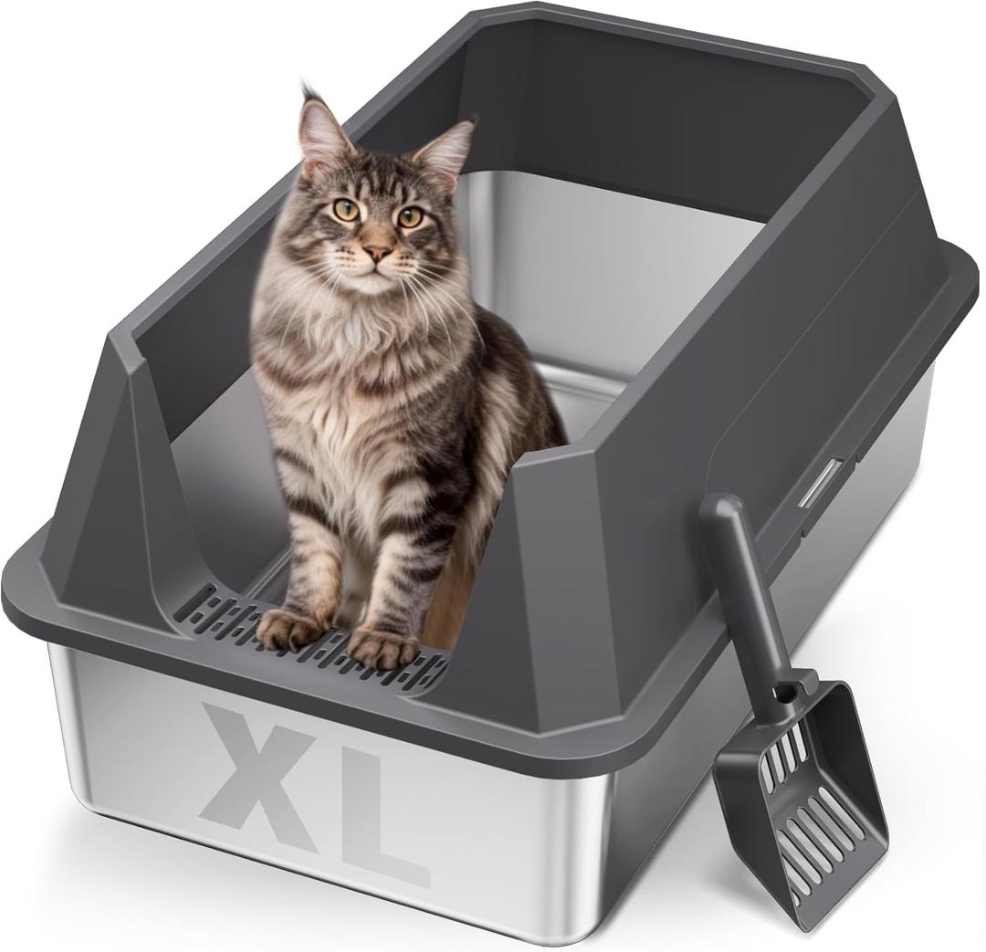 Stainless Steel Litter Box with High Sides, XL High Sided Cat Litter Pan, Open Top Extra Large Metal Cat Litter Box, Non-Stick, Odor Free, Leakproof, Scoop Included, Gray