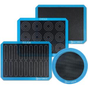 GUY DREAM Pack of 4 Perforated Silicone Baking Mats - 1 Choux, 1 Eclair, 1 Blank for Cookies, 1 10'' Round for Pizza - Non-Stick Reusable Oven Liner 11-4/5" x 15-3/4"