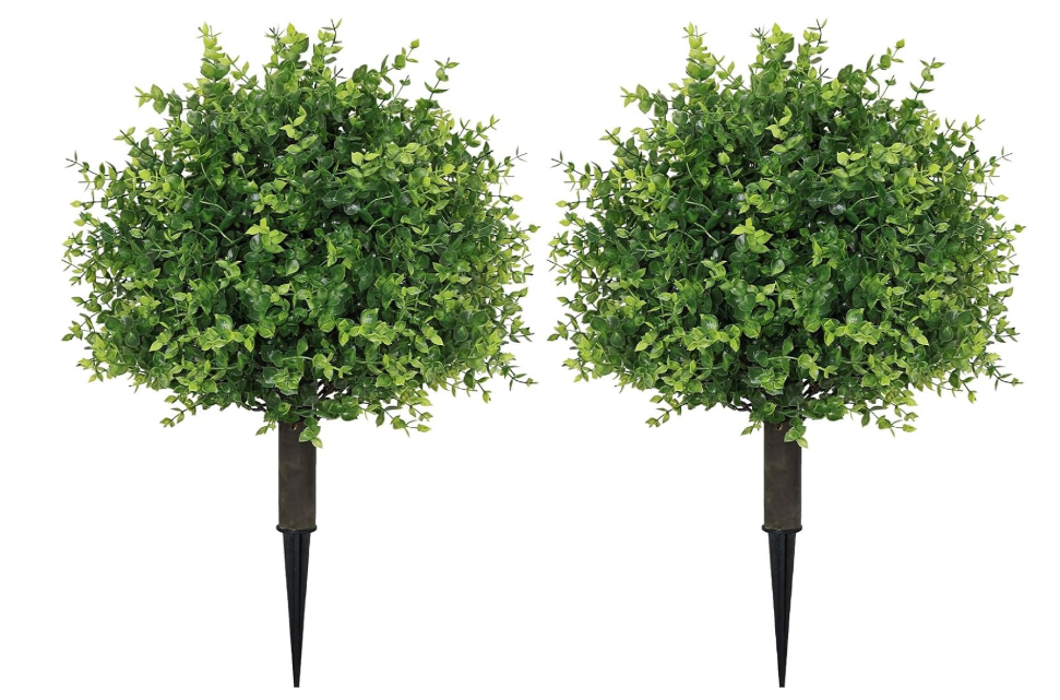 THE BLOOM TIMES Artificial Outdoor Plants, UV Resistant Fake Bushes & Shrubs with Ground Spike, Faux Boxwood Topiary for Front Porch Outside Planter Decor, Set of 2, Overall 24"