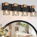 FadimiKoo 4-Light Rustic Style Wood Bathroom Vanity Light Fixtures, Black Bathroom Lighting with Cage Metal Shade, Farmhouse Wall Sconces for Hallway, Bedroom, Dressing Table