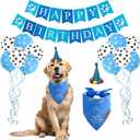 Dog Birthday Set - Premium Durable Adjustable Fabric Dog Bandana + Birthday Hat + Balloons + Banners with Blue & White Birthday Vibe Design of Dogs (Large)