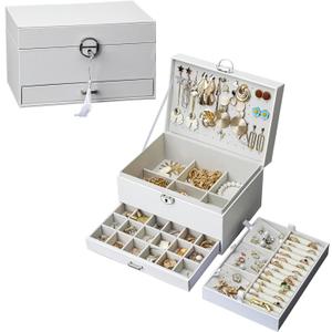 Jewelry Boxes for Women, 5 Layer Large Jewelry Holder Organizer for Necklace, Bracelet, Earrings, Cute Earrings Jewelry Box with Necklace Organizer for Girls (White, 5 Layer)