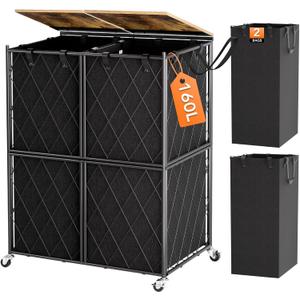 BSSN 160L Laundry Basket with Wheels, Laundry Hamper with Lid, Extra Large 2 Section Clothes Basket with Removable Waterproof Bags, Heavy Duty Metal Laundry Sorter Organizer (Black)