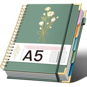 Hardcover Spiral Notebooks 6.1" X 8.4" Note Taking 5 Subject Notebook College Ruled with Dividers 240 Pages 100GSM Aesthetic Spiral Notebook for Work School Cute Journals for Women Writing, Green