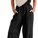Flygo One Piece Jumpsuits for Women Crewneck Short Sleeve Casual Wide Leg Long Pants Drawstring Rompers Outfits with Pockets (Black, Small)