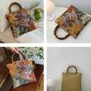 Sequin Embroidered Floral Tote for Women Beach Bag with Bamboo Handle Summer Shoulder Handbag for Vacation Daily Use