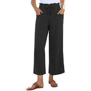 siliteelon Wide Leg Linen Pants for Women Summer Capri Palazzo Flowy Pants Casual Loose High Waist Trousers with Pockets, Small