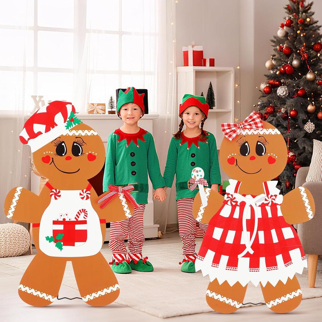 2 Sets Gingerbread Man Christmas Decorations Indoor Large Standup Life Size Wood Gingerbread Man Wooden Standing Cutouts for Xmas Party Office Home Table Booth Prop