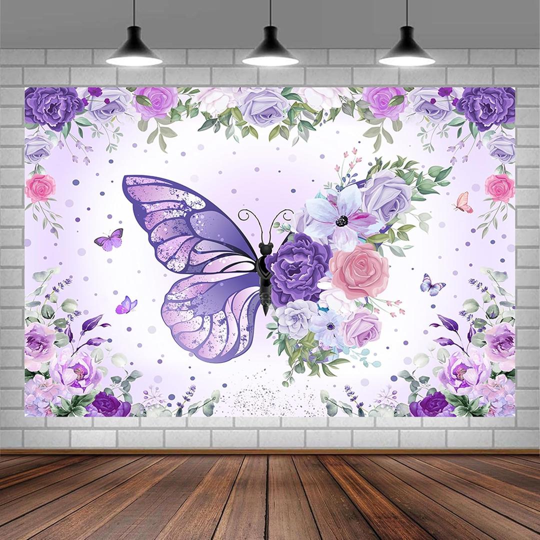10 x 8 ft Purple Butterfly Birthday Backdrop for Girl's Flower Leaves Floral Pastel Butterflies Birthday Background Pink Princess Gold Rose Butterfly Cake Table Party Banner Photo Booth Studio