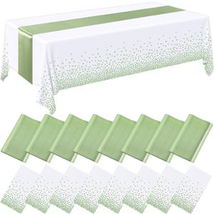 Tudomro 16 Pcs White and Sage Green Disposable Plastic Tablecloths and Satin Table Runner Set 54x108 Inch Tablecloth 12x108 Inch Table Runners for New Year Wedding Birthday Baby Shower Graduation
