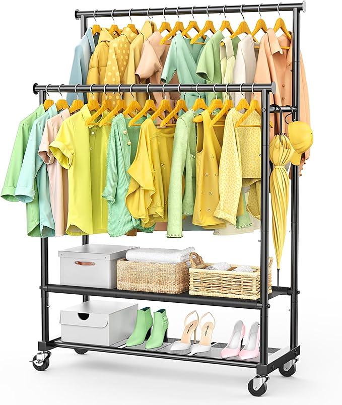 Double Rods Clothes Rack for Hanging Clothes, Heavy Duty Rolling Clothing Rack with Wheels, Freestanding Garment Racks with Oxford Bottom Shelf and Mesh Bottom Shelf for Bedroom Laundry Living Room