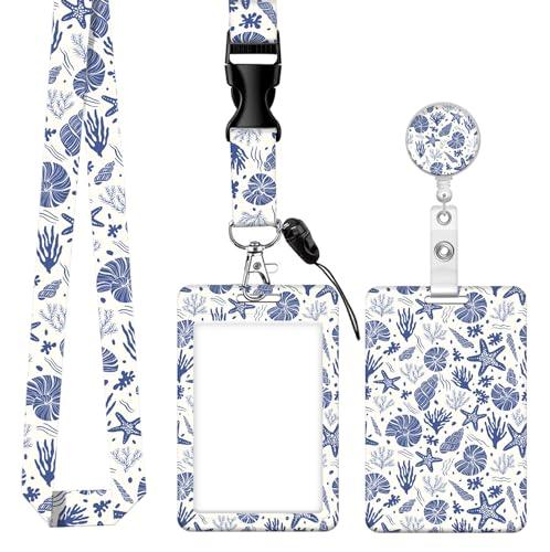 ID Badge Holder with Retractable Badge Reel Clip and Lanyard, Cute Card Name Tag Lanyard Vertical ID Protector Bage Clips for Nurse Doctor Teacher Student(Sea Shells Fossils Starfish)