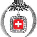 Inspired Silver - Switzerland Flag - Silver Christmas Ornament - Square Charm Christmas Tree Ornament with Cubic Zirconia - Holiday Hanging Decoration