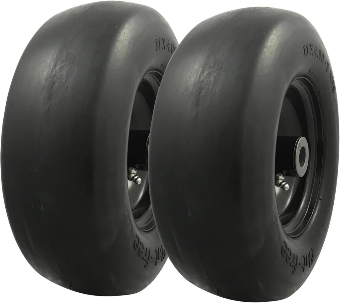 MARASTAR 00232-2PK Universal Fit Flat-Free 11x4.00-5 Tire and Wheel Assembly, Zero Turn Lawn Mower Replacement Tires, Smooth Tread, Adapter Kit included, 2 pack