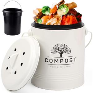 Perfnique Kitchen Compost Bin, 1.3 Gallon Countertop Compost Bin with Lid, Indoor Compost Bucket Includes Inner Bucket Liner and Carbon Filter, Small Compost Bin (Without Bags, Cream)