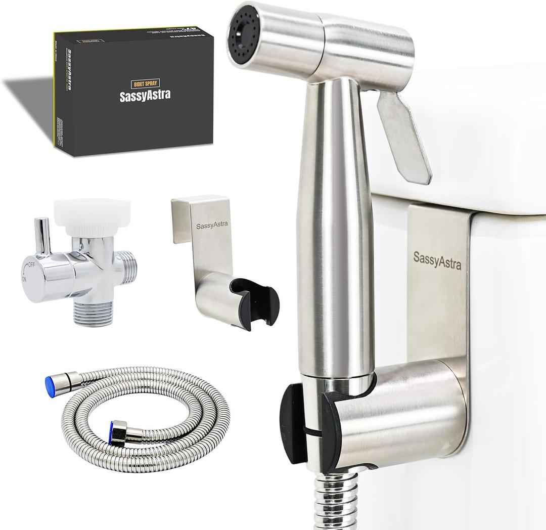 SassyAstra Handheld Toilet Bidet Sprayer — Adjustable Water Pressure, with Hose, Feminine & Pet Wash Kit, Bathroom Hygiene Attachment for Cloth Diaper Cleaning (Quick Install, Stainless Steel)