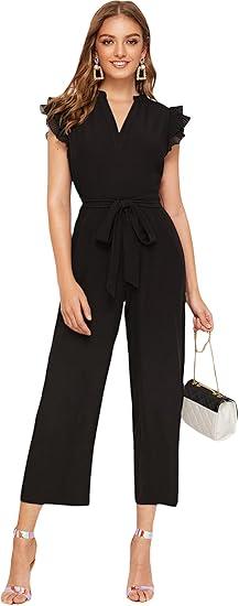 WDIRARA Women's Layered Ruffle Cap Sleeve Notched V Neck Belted Jumpsuit Pants, Size:XL