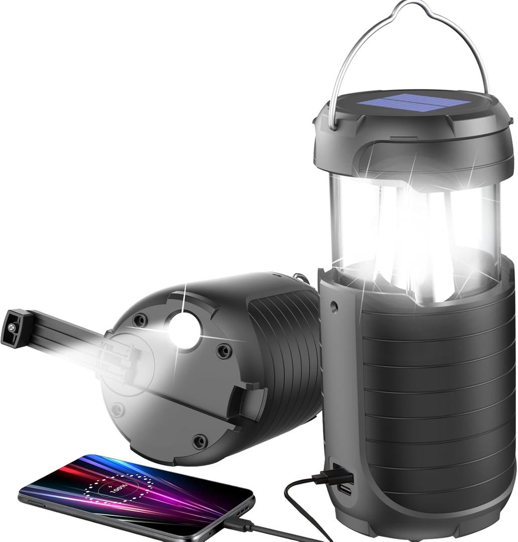 5000 Large Capacity Solar Hand Crank Flashlight with 8H Play Time, Survival Light, USB Charger for Cellphone, Portable Solar Camping Light,Electric LED Camping Lantern for Emergency (Black)