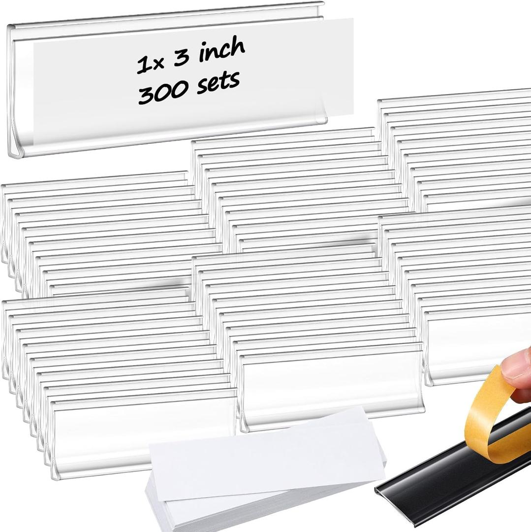 Yexiya 300 Pieces Label Holder Self Adhesive Clear Pocket 3 x 1 Inch Plastic Shelf Tag Sticking Price Label Holders with Paper Inserts for Supermarket School Library Bookshelves Mailbox Storage Bins