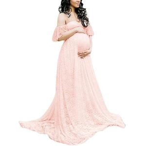 ZIUMUDY Photography Maternity Dress Off Shoulder Lace Baby Shower Pregnant Wedding Dress, Light Salmon, Size XL