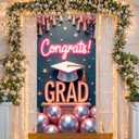 Congrats Drad Door Cover for Front Door Graduation Party Backdrop with String, Colorful Balloon & Grad Cap Graduation Door Decor for Class of 2026 Graduation Photo Booth Background(Pink Gold B)