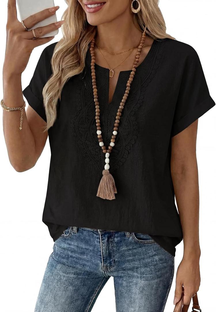 EVALESS Womens Tops Summer Trendy Dressy Casual Boho V Neck Short Sleeve Shirts Work Business Cute Loose Blouses (Black, L)
