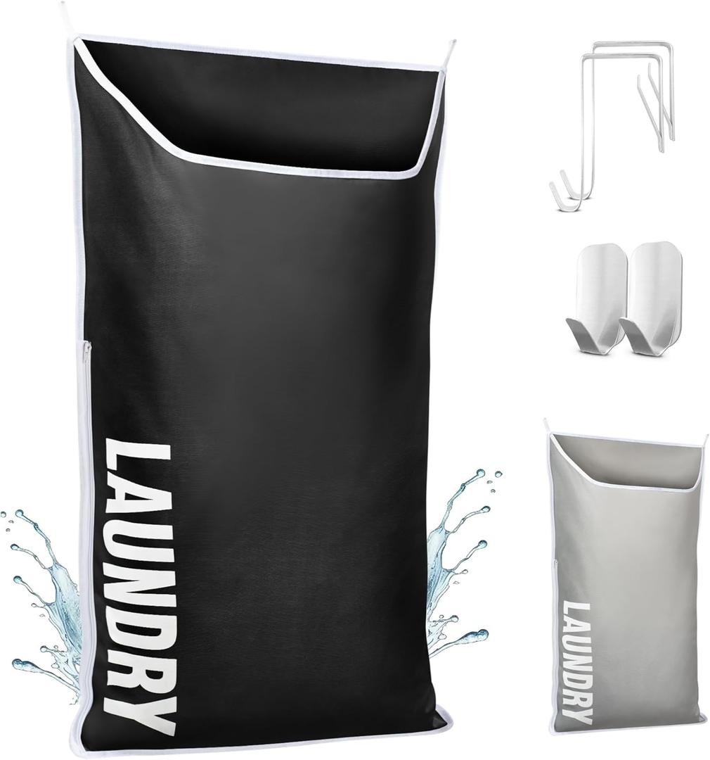 Hanging Laundry Hamper Bag XL 40x22", Space Saving over the Door Storage Bags, Behind the Door Hampers for Dirty Clothes & Wall Mounted Basket for Bathroom, Organizer for Small Room Spaces RV (1-Pack, Black)