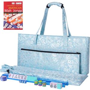 American Mahjong Game Set, 166 Light Green Tiles, Blue Bag with Entire Accessories, 4 All-in-One Rack/Pushers, Mahjong Tiles Set
