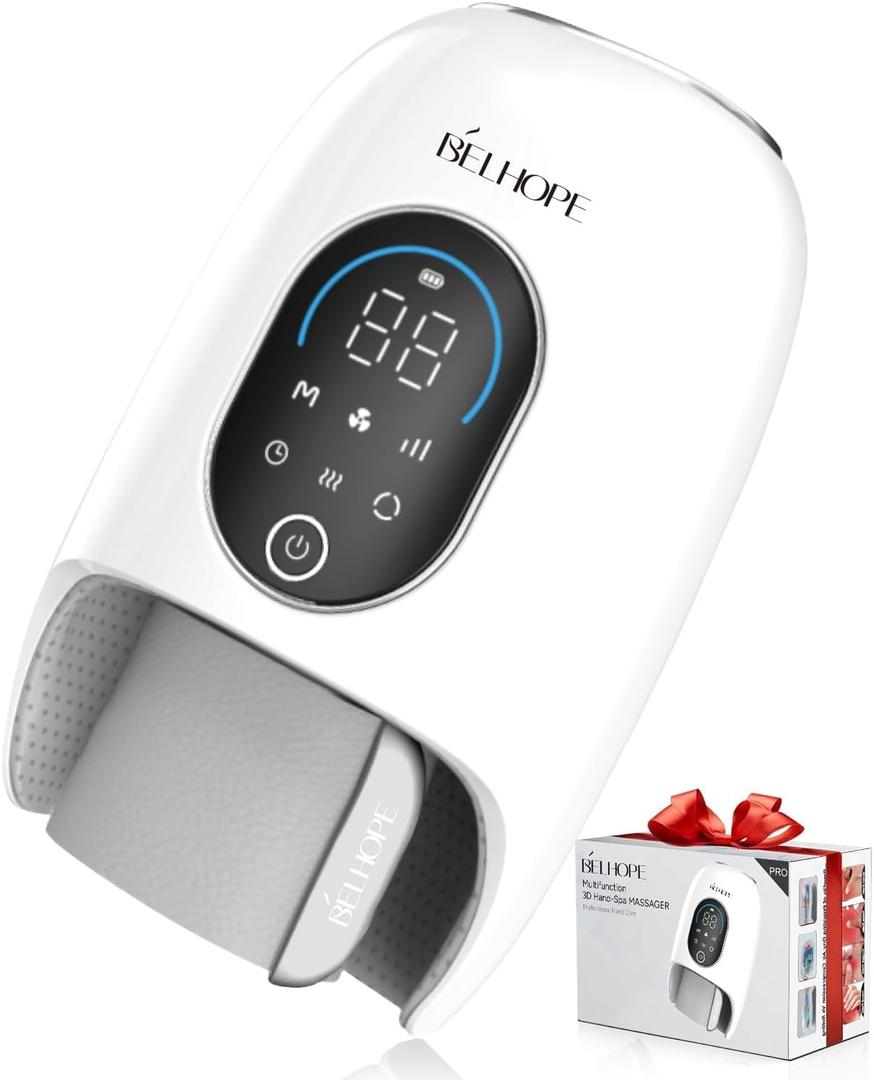 belhope Hand Massage Device with 9 Modes and 4 Heating Options for Hot and Cold Therapy Hand and Wrist Massager for Arthritis and Carpal Tunnel Relief Ideal Home Gift for Women Men Father's Day (White)
