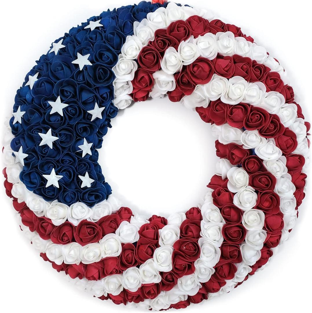 18Inch Patriotic Roses Wreath, 4th of July Summer Soft Touch Foam Roses Wreath for The Front Door, Handcrafted Memorial Day Artificial Flowers for Indoor and Outdoor