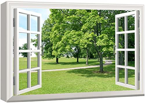 wall26 Canvas Print Wall Art Window View to Path in The Green Forest Nature Wilderness Photography Realism Rustic Landscape Colorful Multicolor Ultra for Living Room, Bedroom, Office - 12"x18", Green Trees 