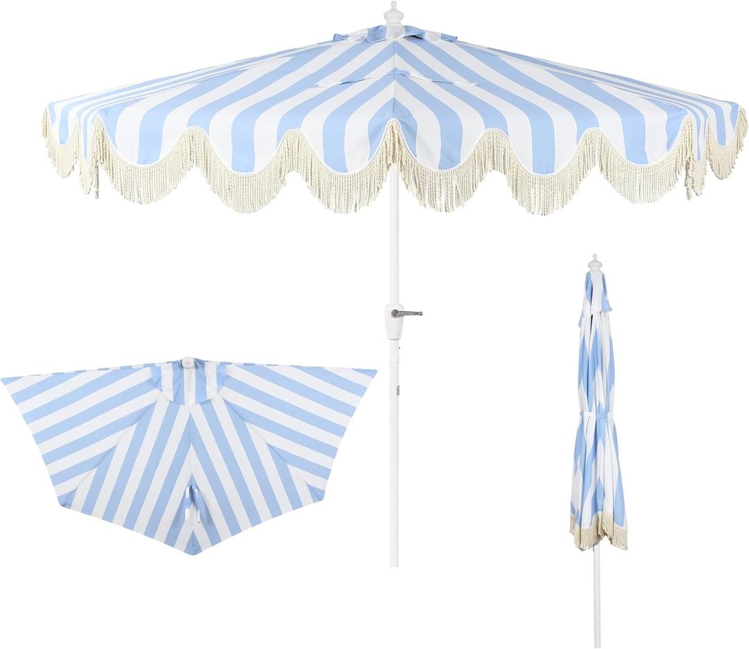 JONATHAN Y Half Umbrella UMB1201J Beverly 9 ft. Designer Classic Scalloped Fringe Market Patio with Crank, Tilt Button and UV Protection in Light Blue/White, White Pole, 108 inches diameter, 97 inches pole length