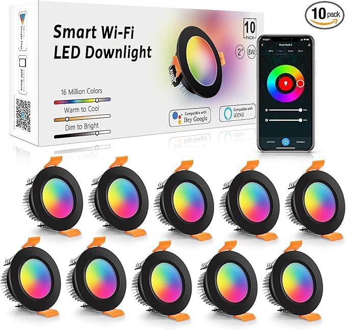 LightingWill 2 Inch Recessed Lighting, Smart WiFi LED Downlight, 5W LED Ceiling Light Compatible with Alexa/Google Assistant, Dimmable RGB & 2700K6500K, 120V with Driver, Black Trim (10 Pack)