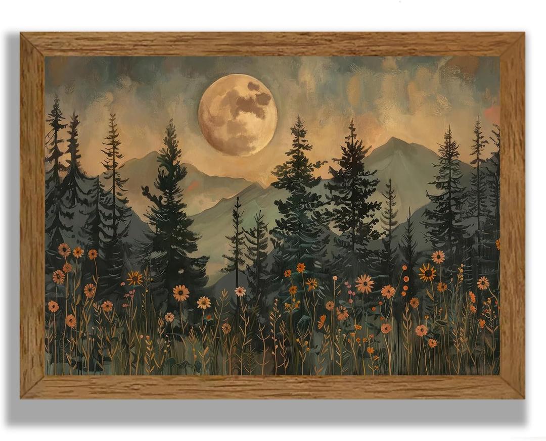 JLTULT Framed Vintage Moon Forest Canvas Wall Art, Moonlight Pine Tree Flower Wall Decor, Woodland Wildflower Picture Prints Artwork for Bedroom Living Room Office Decoration 16x24 inch Easy to Hang