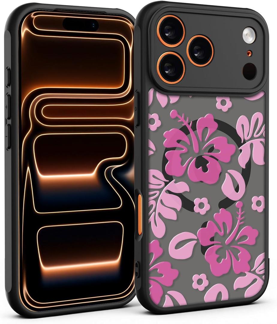 for iPhone 17 Pro Max Case, Black Floral Flower Pattern Case [Compatible with MagSafe] [Translucent Matte] Cute Slim Shockproof Protective Women Girls iPhone Case, Pink Hibiscus Flower