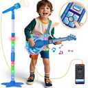 Kids Guitar and Microphone Set, Toy Guitar with Adjustable Volume and Strap, Microphone with Stand and Color Light, Toddler Musical Instrument for 3-5 5-9, Kids Karaoke Machine for Boy Girls(Blue)