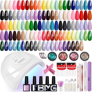 PHOENIXY Gel Nail Polish Kit with U V Light, 60 Pcs White Nude Pink Red Blue Yellow Green Black Grey Purple Gel Nail Polish Set with 48W Nail Lamp Gel Nail Kit Gifts for Women